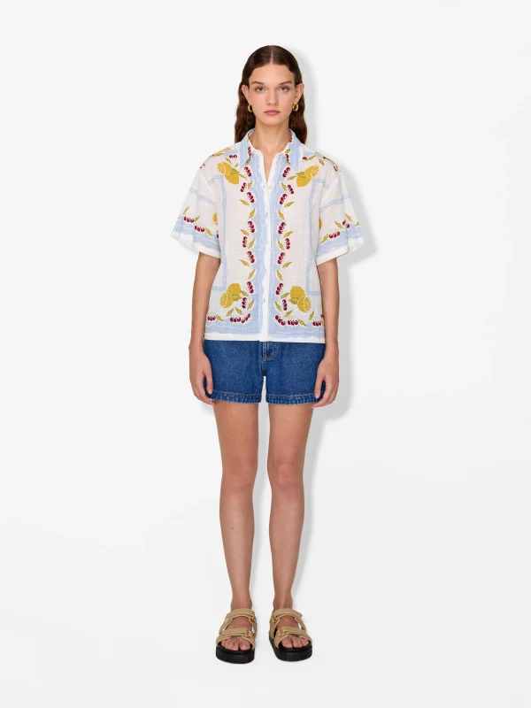Embroidered Linen-Cotton Short-Sleeve Blouse